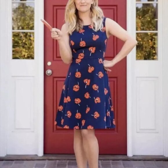 Draper James Women's 4 A-Line Navy Blue w/Orange Poppy Floral Sleeveless Dress - Picture 1 of 13